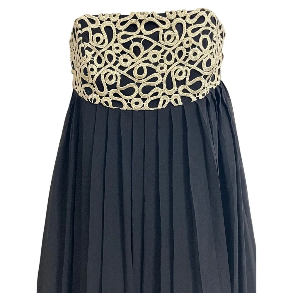 Lilly Pulitzer Strapless Dress Black Gold Trim Pleated Silk  Size‎ 2 - Picture 2 of 7